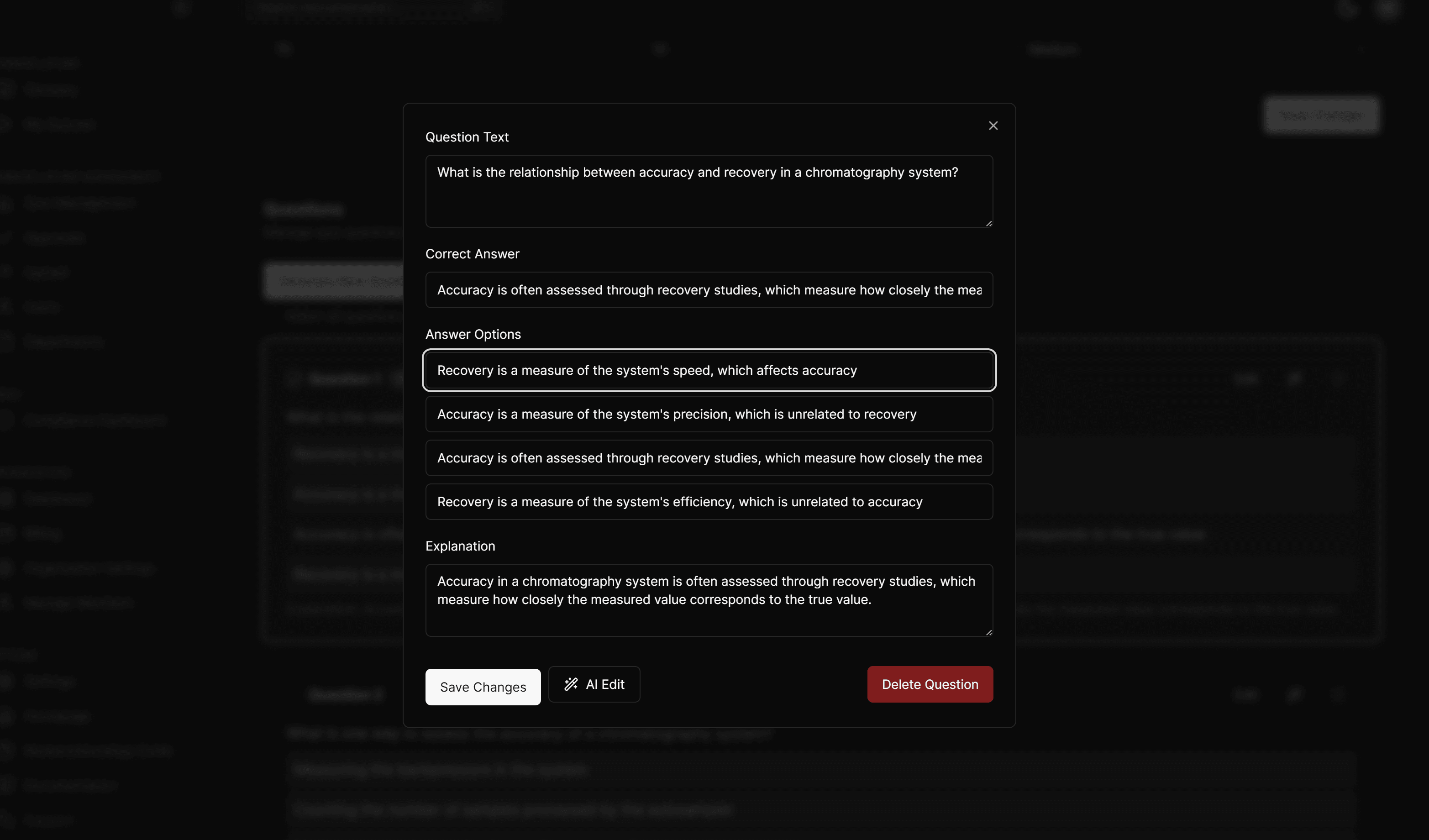 Manual quiz editing interface