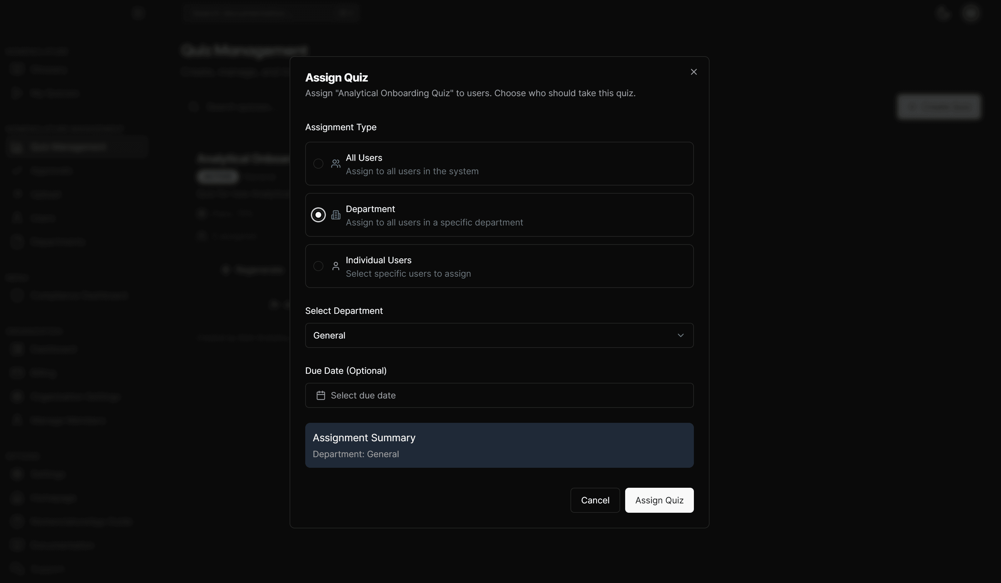 Assign quizzes to team members